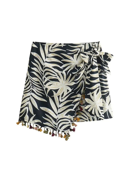 Summer Asymmetric Tassel Mini Skirts Printed Zipper Short Skirt Wrinkle Female Wrap Skirt