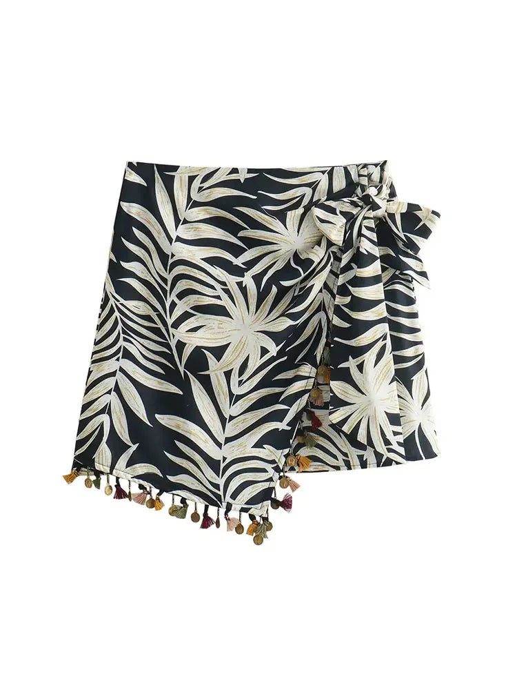 Summer Asymmetric Tassel Mini Skirts Printed Zipper Short Skirt Wrinkle Female Wrap Skirt