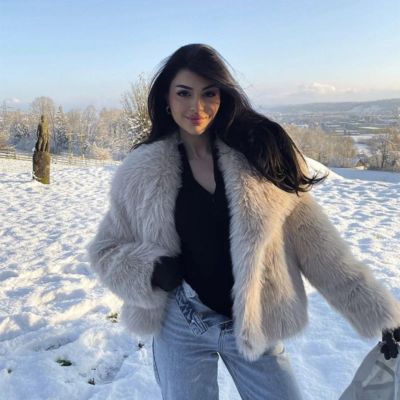 Ins Blogger Brand Fake Fox Fur Jacket Coat Winter Design Big Collar Fur Coats Cool Overcoat