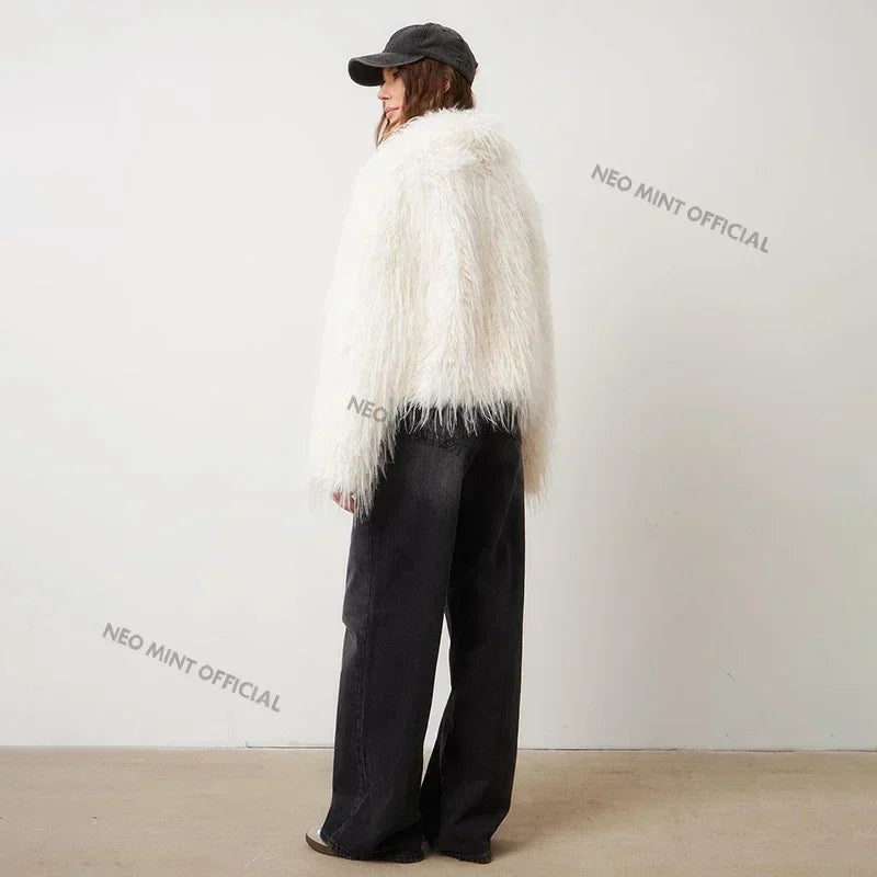 Winter Fluffy Faux Fur Coat Brand Tassels Furry Turkey Fur Jacket Loose Overcoat Outerwear