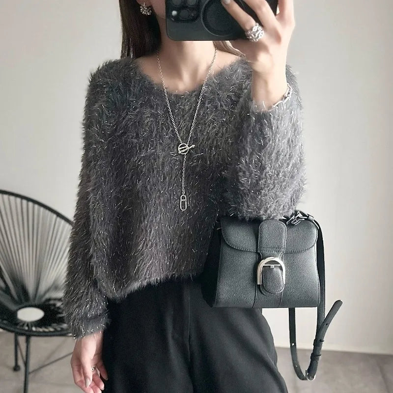 Sweet Hot Girl Vneck Sweater Longsleeved Bright Silk Knitted Pullover Female Clothes