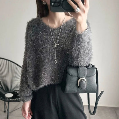 Sweet Hot Girl Vneck Sweater Longsleeved Bright Silk Knitted Pullover Female Clothes