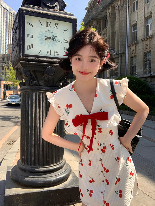 Summer Japanese Kawaii Party Dress Sweet Mini Dress Female Lace Korea Vneck Fairy Slim One Piece Dress