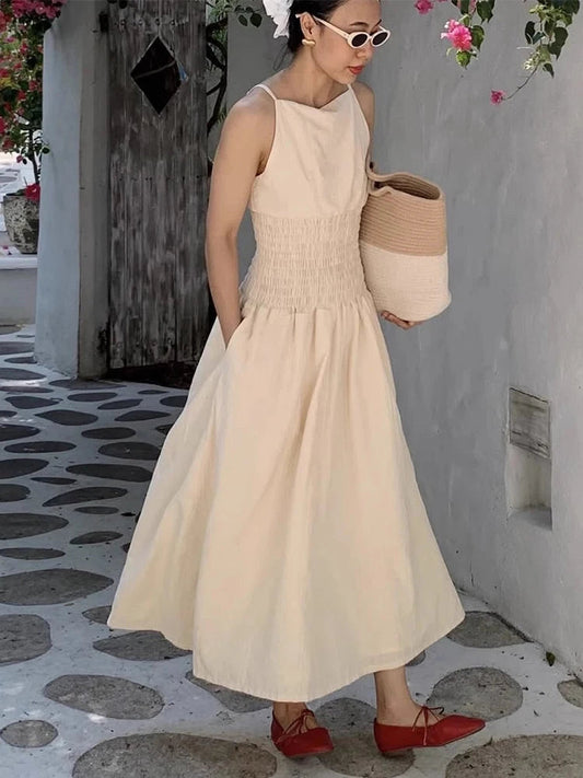 Korean Summer New French Vacation Style Wrinkles Hugging Waist Stretching Sleeveless Strap Long Dresses