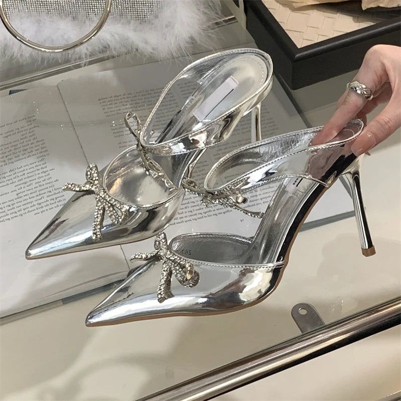 Summer Crystal Butterflyknot Pointed Toe Pumps Buckle Strap High Heels Party Prom Sandals Mule Shoes