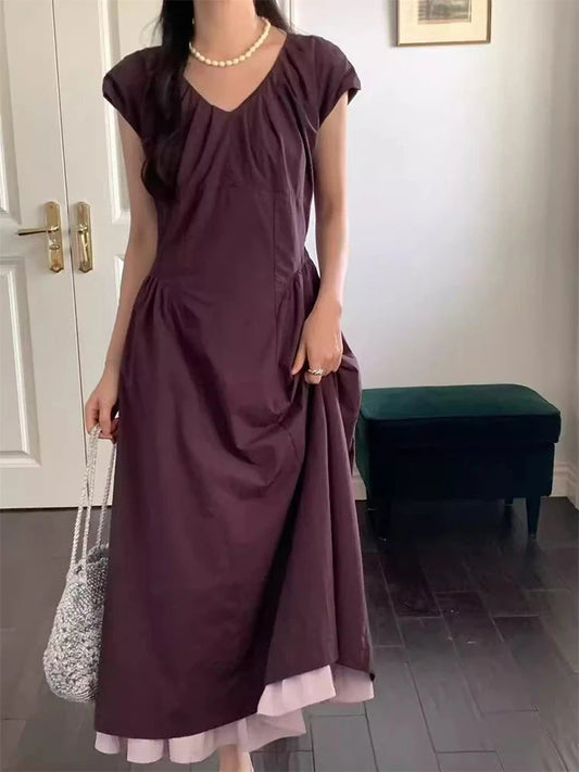 French Retro Patchwork Contrasting Short Sleeved Dress Summer New Design Slimming Waist Long Dresses