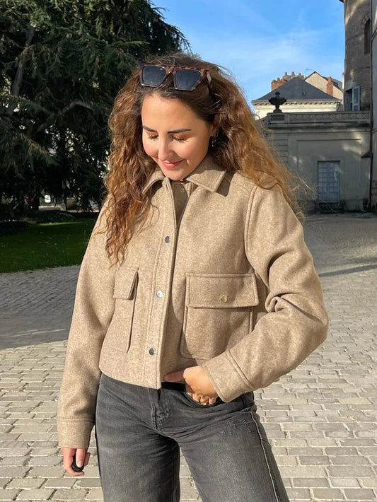 Pockets Cropped Jacket Woman Spring Turn Down Collar Long Sleeve Khaki Short Coat New Outerwear Tops