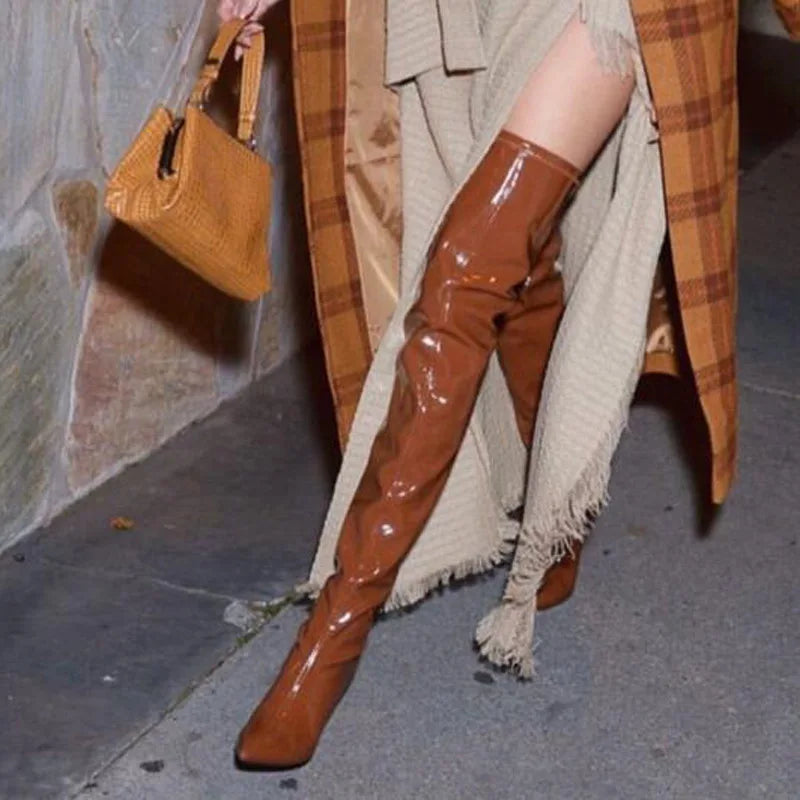 Autumn Pointed Toe Side Zipper Elastic Stiletto Over the Knee Boots Punk Patent Leather Sewing Shoes