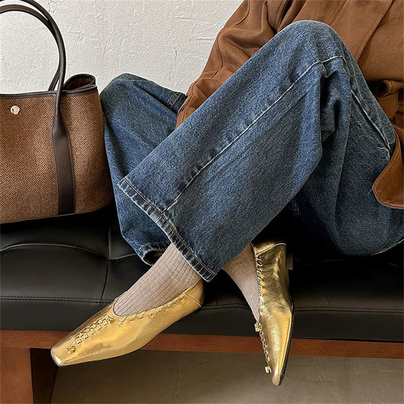 Loafers Spring Walk Loafers Genuine Leather Slip on Flats Shoes Soft Ballet Flats Shoes Woman Gold