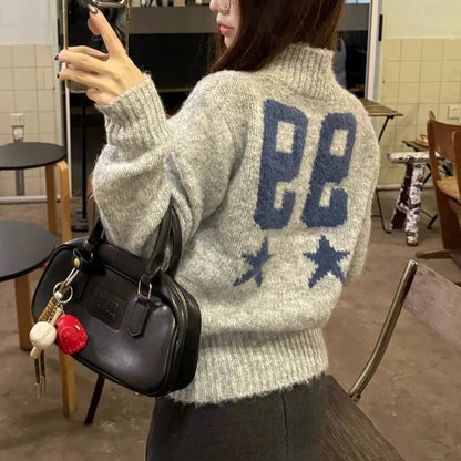 Half High Neck All Match Long Sleeve Sweater Spring New Contrast Color Digital Embroidery Tops