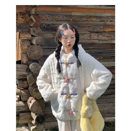 Autumn and Winter New Style Small Fragrance Unique White Plush Coat Hooded Colorful Horn Button Plush Top