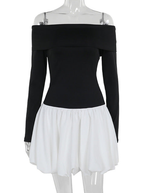 Off-shoulder Long Sleeve Mini Dress for Contrast Color Patchwork Strapless Backless A-line Dress