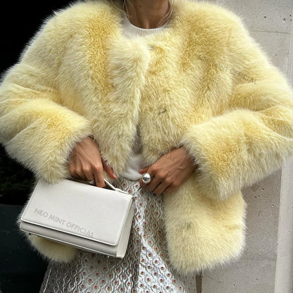 Cool Street Winter Fluffy Fox Fur Jacket Round Neck Faux Fur Coat Thick Warm Outerwear