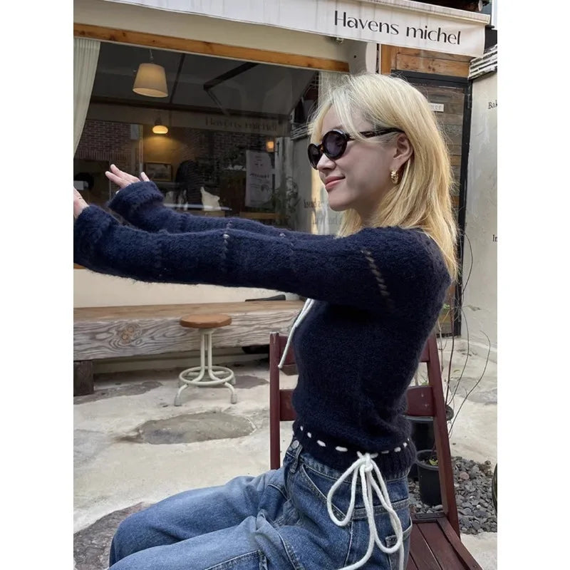 Autumn for Crop Tops Korean Retro High Street Hollow Out Bandage Cashmere Sweater Knit Pullover Tops