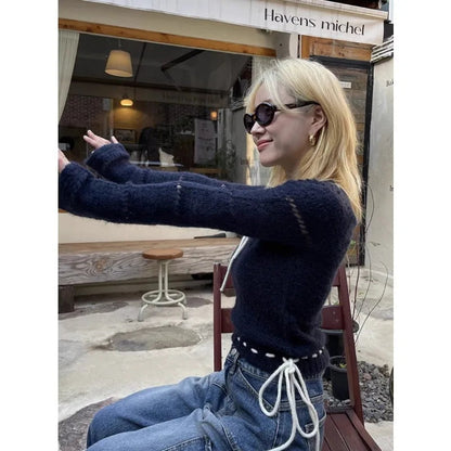 Autumn for Crop Tops Korean Retro High Street Hollow Out Bandage Cashmere Sweater Knit Pullover Tops