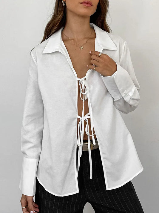 ’s Long Sleeve Shirt Hollow Lace Up Color Top Commuting Patchwork ’s Shirt Cardigan Top