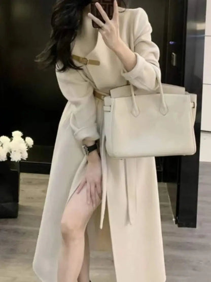 Winter Woolen Coat New Loose Outerwear Long Jackets With Belted Female Overcoats