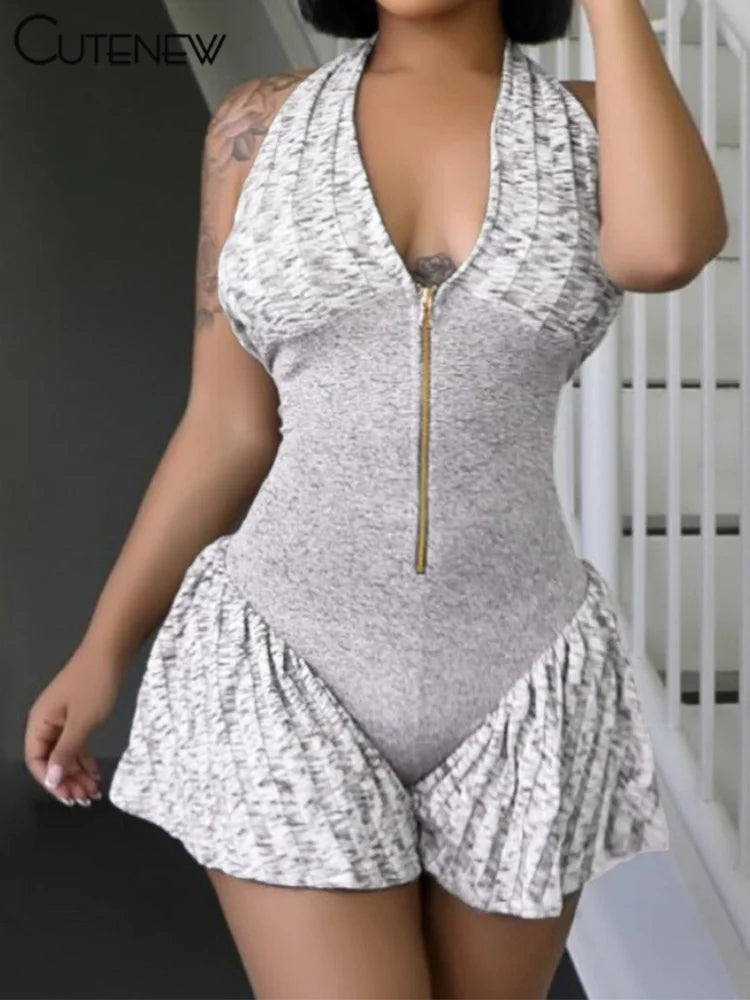 Patchwork Halter Playsuits Striped Sleeveless V-neck Zip-up Cleavage Slim Rompers Female Concise Summer Wea