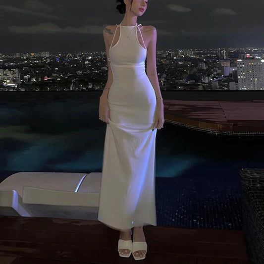 Summer Long Dress Color Spaghetti Strap Sleeveless Tie Up Backless Dresses Y2k Club Party Dresses
