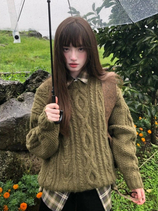 Green Knitwear Pullovers Long Sleeve Oversized Sweater Fairy Grunge Autumn Winter Thick Warm Clothes