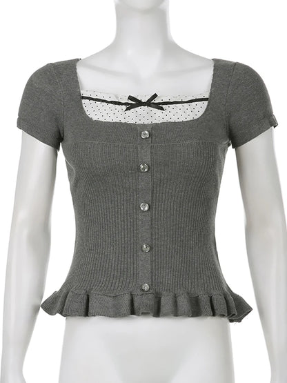 T-shirt Patchwork Lace Sweet Square Collar Knitted Tops Ruffles Hem Y2k Gray Tee Shirt Clothes