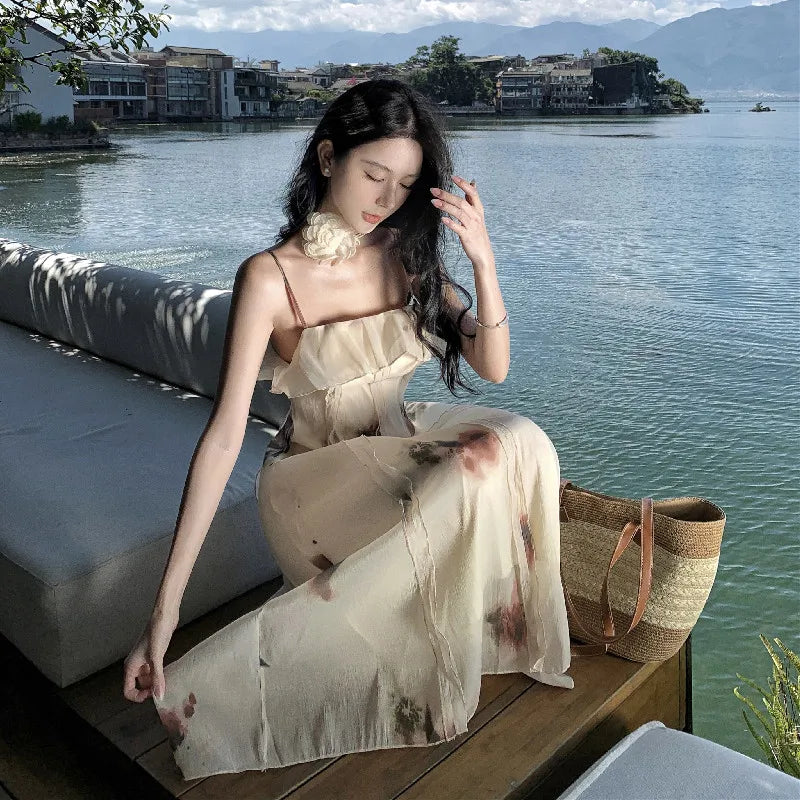 French Dress Summer New Chiffon Sleeveless Rose Print Backless Midi Dress Spaghetti Strap Dresses