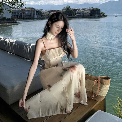 French Dress Summer New Chiffon Sleeveless Rose Print Backless Midi Dress Spaghetti Strap Dresses