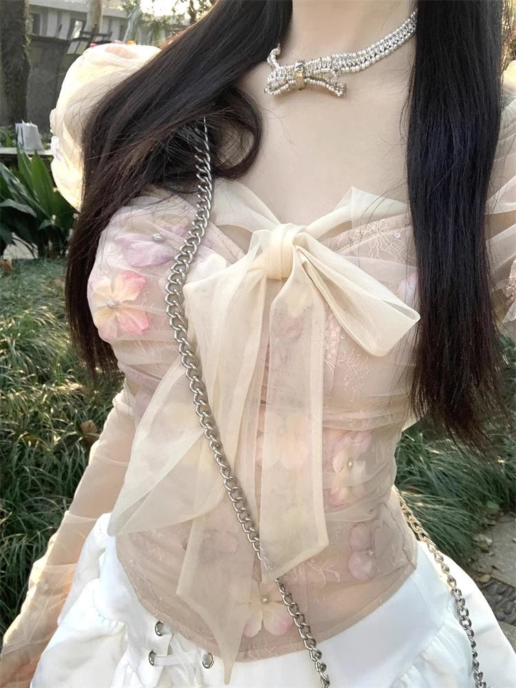Shirts Flowers Lace Patchwork Bandage Suqare Collar Slim Short Sleeve Sweet Blouse Sweet Crop Tops