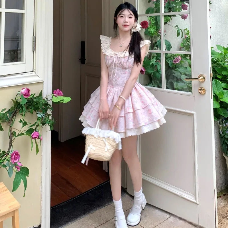 Flying Sleeve Sweet Mini Dresses Square Neck Ruffles Spring Summer Dress Korean Vestidos Mujer
