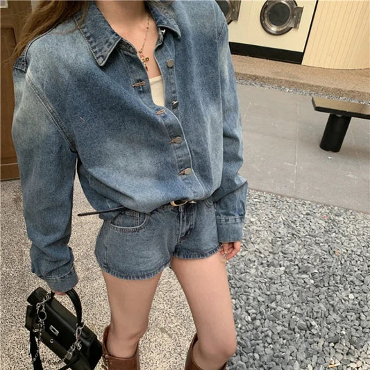 Autumn New Washed Distressed Denim Loose Longsleeved Shirt + Straight Pants Twopiece Suit