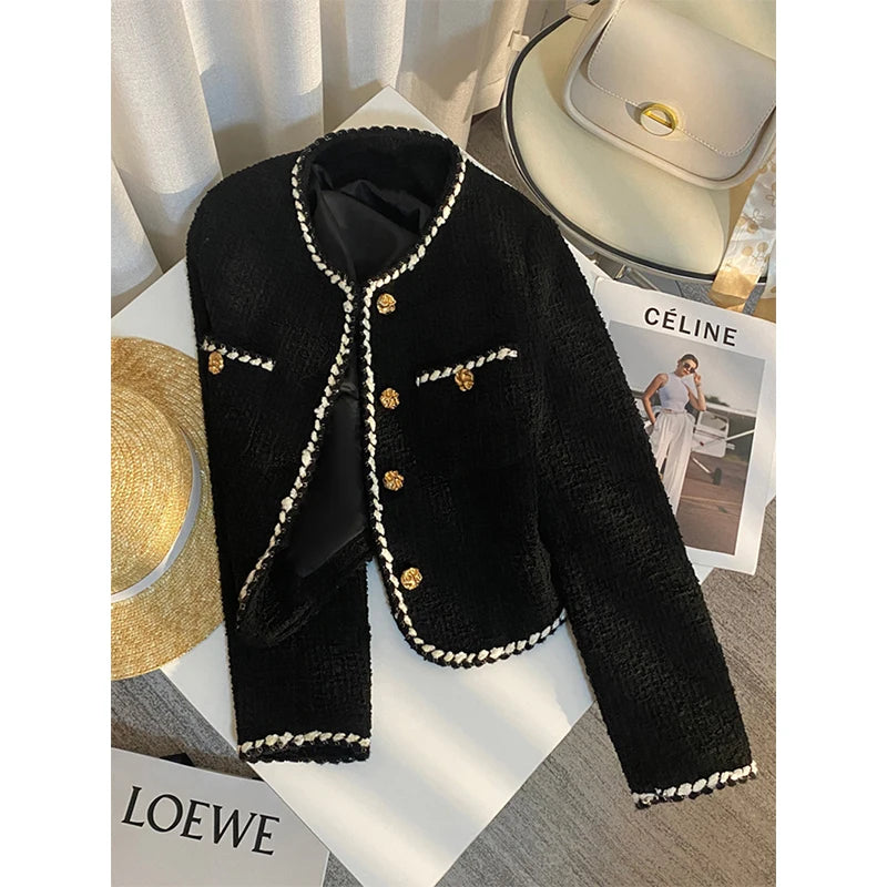 Tweed Jacket Cropped Quilted Coat Commute Black Blazer Winter Korean Short Outerwear Tops New