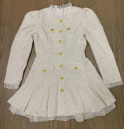 New Tweed Pleated Mini Dress Autumn Long Sleeve Korean Style Single Breasted Ruffle Office Lady Dresses