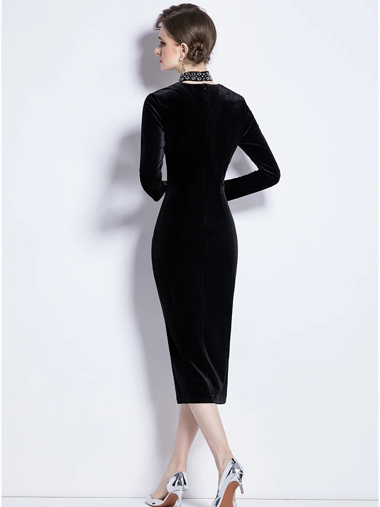Beading Velvet Midi Dress V Neck Halter Black Bodycon Evening Split Vestidos Spring Female Wedding Party Clothes