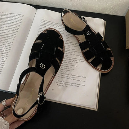Roman Sandals Summer New Flat Retro Real Leather Sandals Hollowed Cage Shoes
