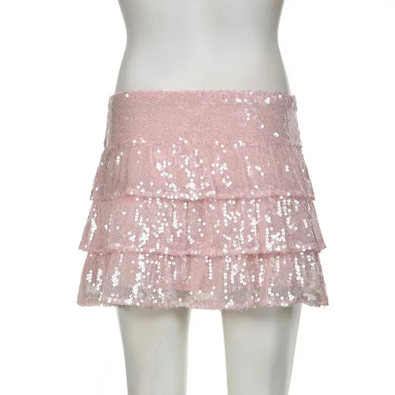 Mini Skirts Sequin Ruffle Pink Layered Short a Line Sparkly Club Party Skirts