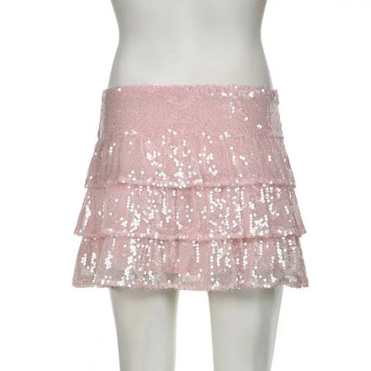Mini Skirts Sequin Ruffle Pink Layered Short a Line Sparkly Club Party Skirts