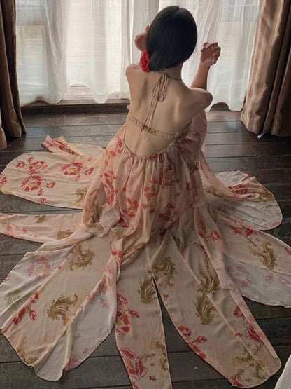 French Off Shoulder Beach Dress Sweet Halter Irregular Party Long Dresses Fairy Backless Y2k Vestidos