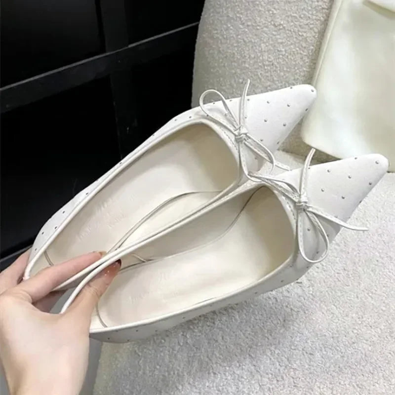 Rhinestone Bow Decoration Pumps Pointed Toe Satin Thin High Heels Banquet Shoes Mules Loafers