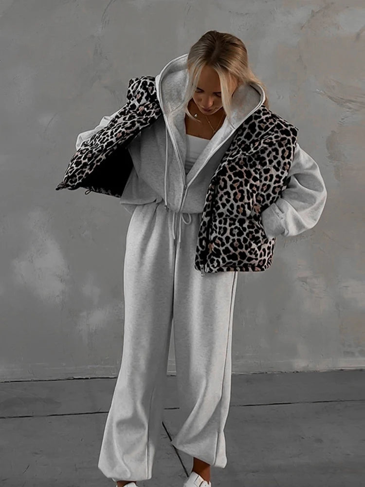 Leopard Zipper Cotton Vests Loose Sleeveless Lapel Short Coats Female Autumn Street Outwear