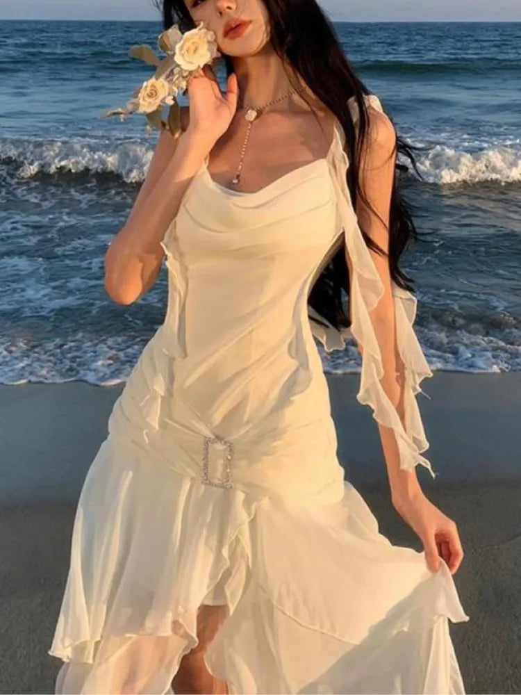 Backless Slip Dresses Summer New Asymmetrical Ruffles Holiday Beach Party Club Split Long Dress