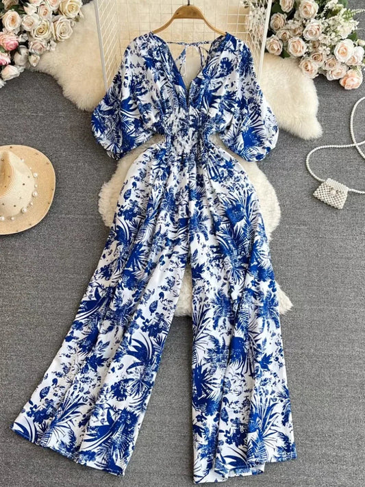 Print Puff Sleeve V Neck Jumpsuits Summer New High Waist One Piece Female Straight Wide Leg Pants