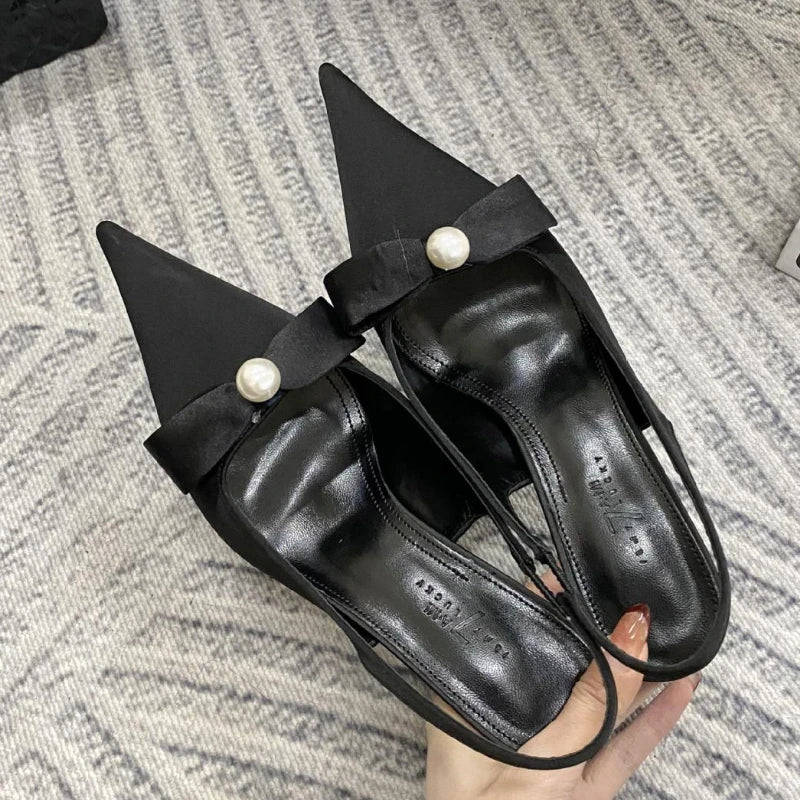 Satin Bow Pumps Pointed Toe Thin Heeled Backless Dress Shoes Brand Designer Shallow Mouth Sandal