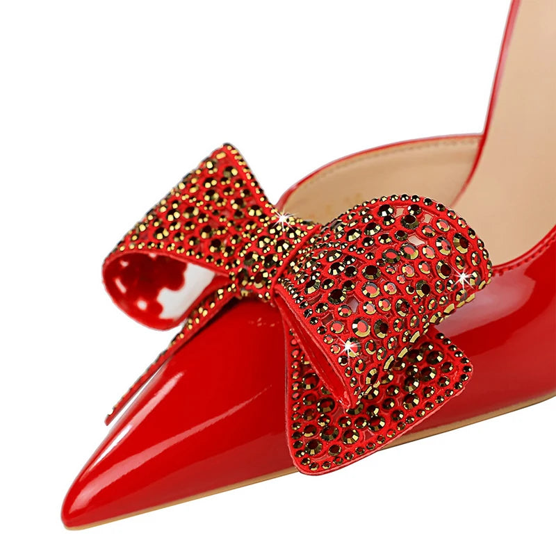 Shoes Pumps 10.5cm Heels Rhinestone Bowknot Lady Heels Stilettos Patent Leather High Heels Female Shoes