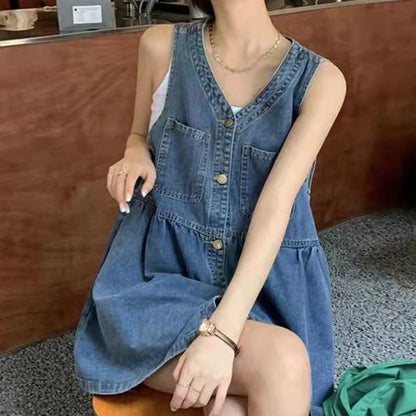 Biyaby Sleeveless Strap Dress Summer Singlebreasted Pockets Denim Dresses Woman Korean Style Loose a Line Mini Dress