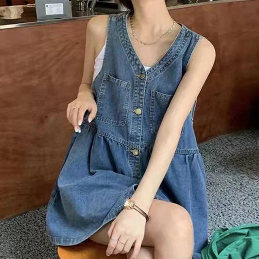Biyaby Sleeveless Strap Dress Summer Singlebreasted Pockets Denim Dresses Woman Korean Style Loose a Line Mini Dress