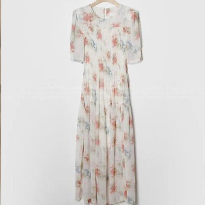 Kylethomasw Short Sleeve Chiffon Dress Print Elastic Waist White Dress Lady Summer Long Dresses for Vestido