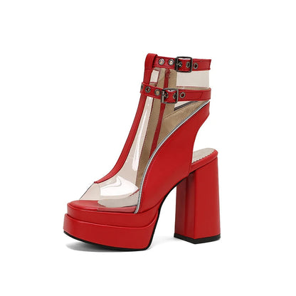 Brand Designer Thick Platform 12cm Super High Heels Ankle Boots Peep Toe Transparent Belt Buckle Slingback Shoes