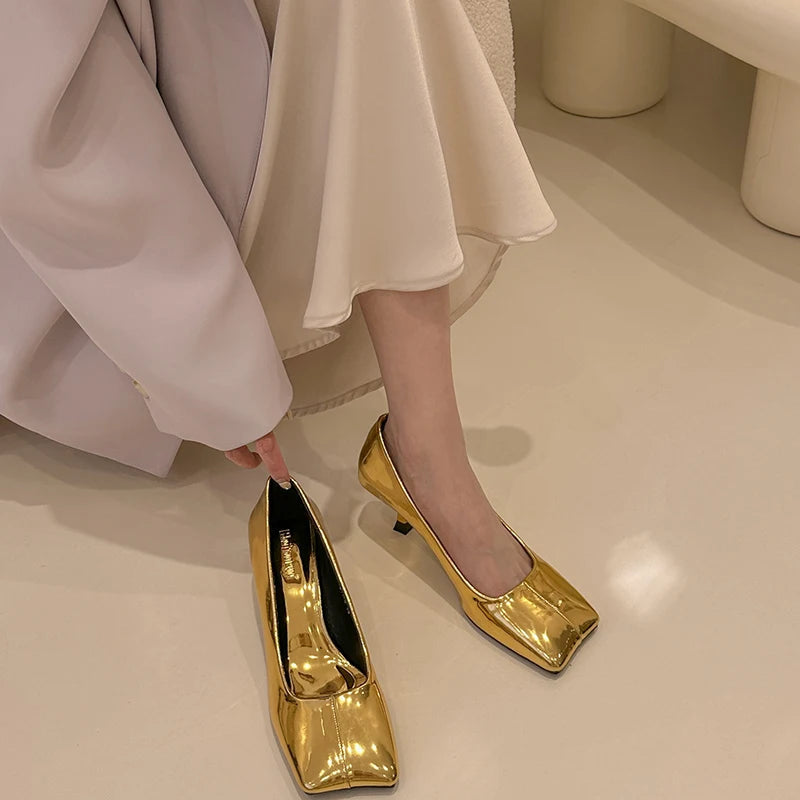 Gold Designer Pumps Shoes Thin High Heels Square Toe Shallow Slip on Work Office Female Wedding Shoes