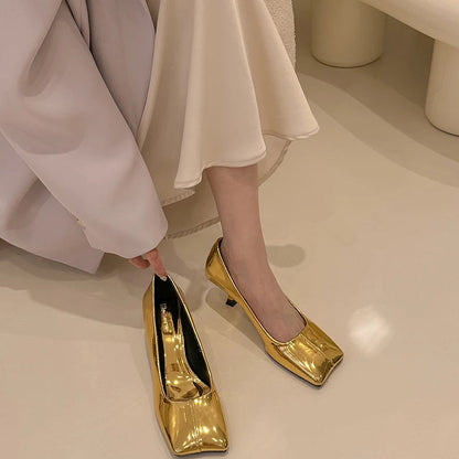 Gold Designer Pumps Shoes Thin High Heels Square Toe Shallow Slip on Work Office Female Wedding Shoes