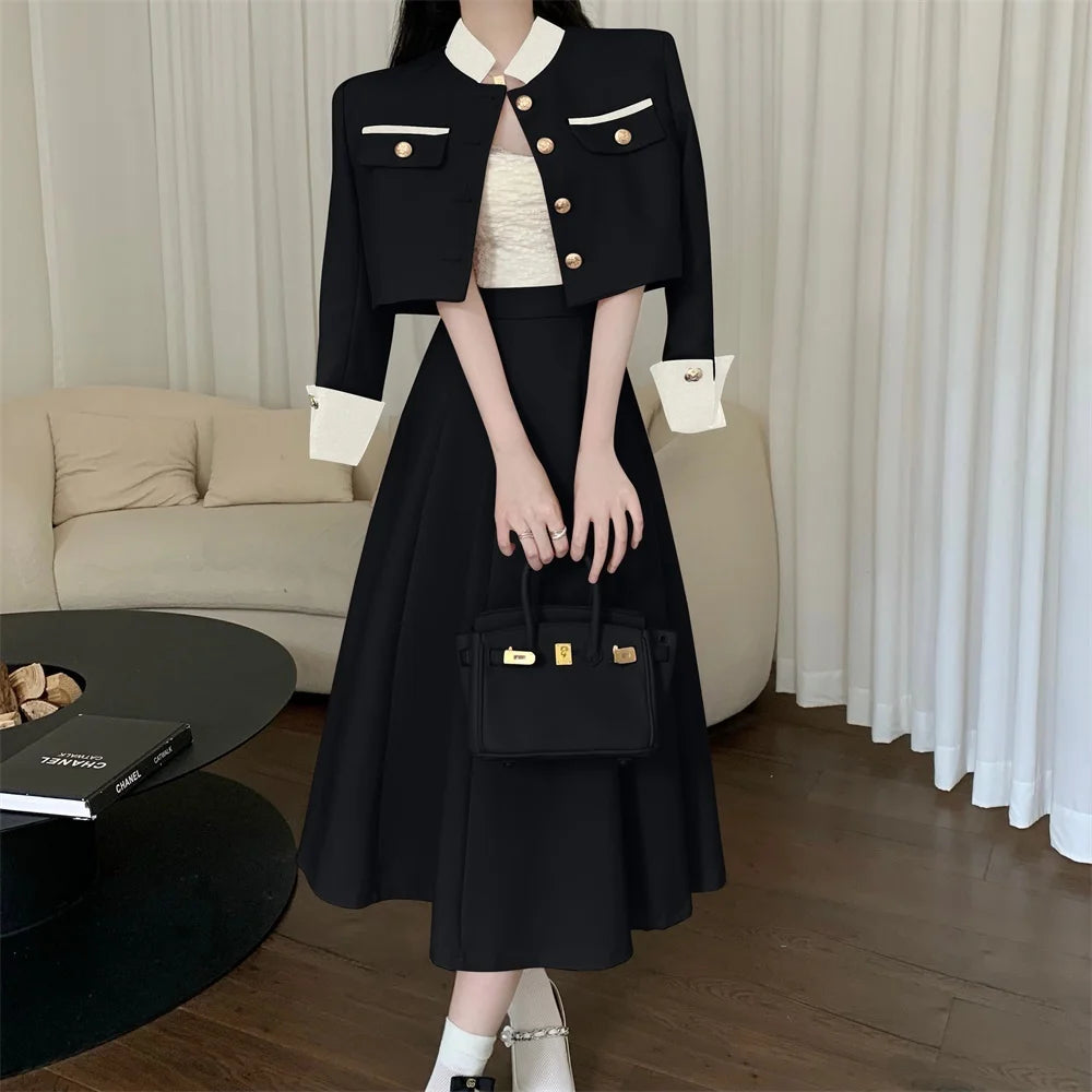 New Small Fragrance Two Piece Set Short Jacket Coat + Long Skirt Suits Korean Ol 2 Piece Sets